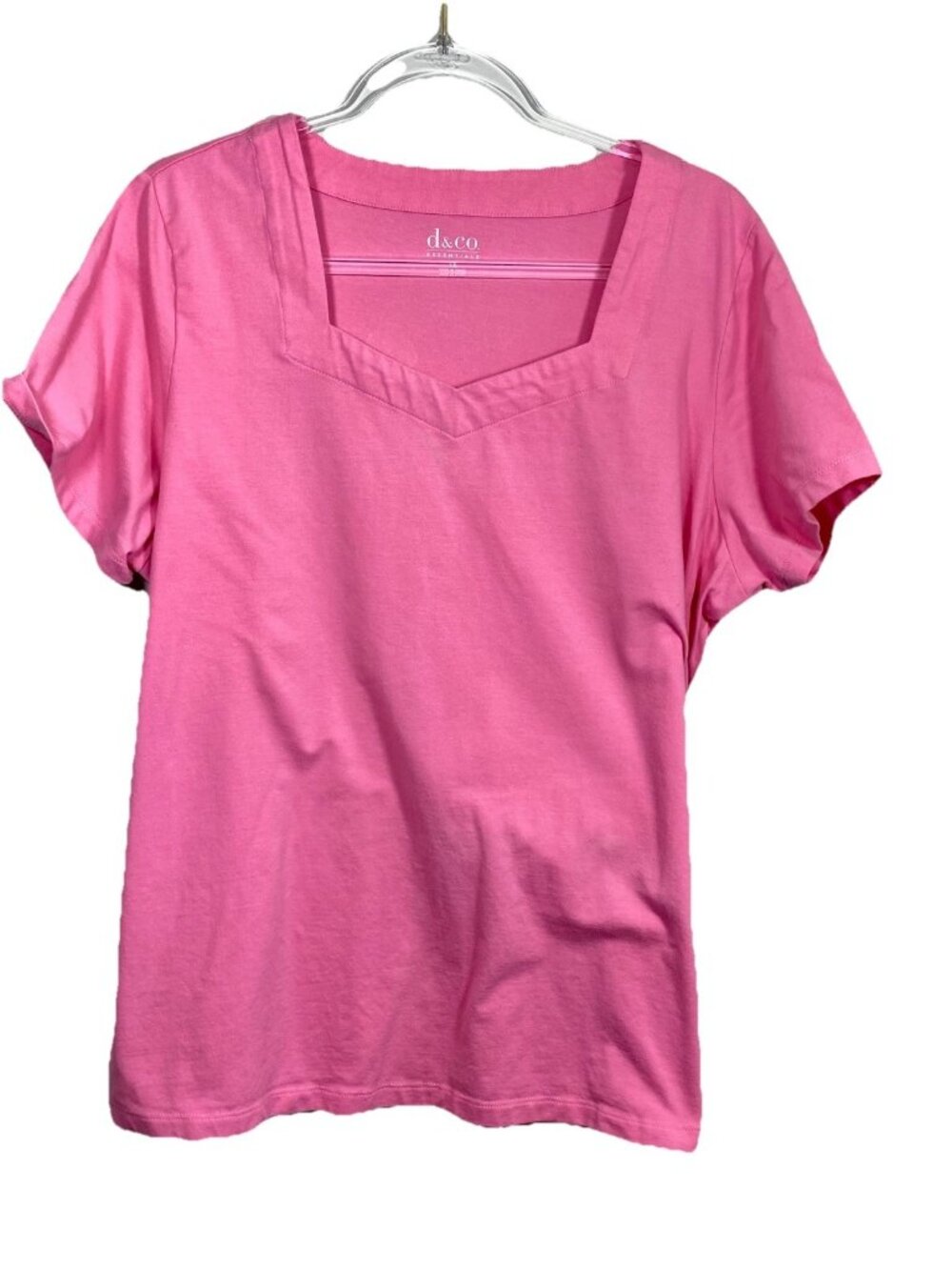 Denim & Co Essentials Size 1X Pink Square V Neck Stretch Short Sleeve Top NEW